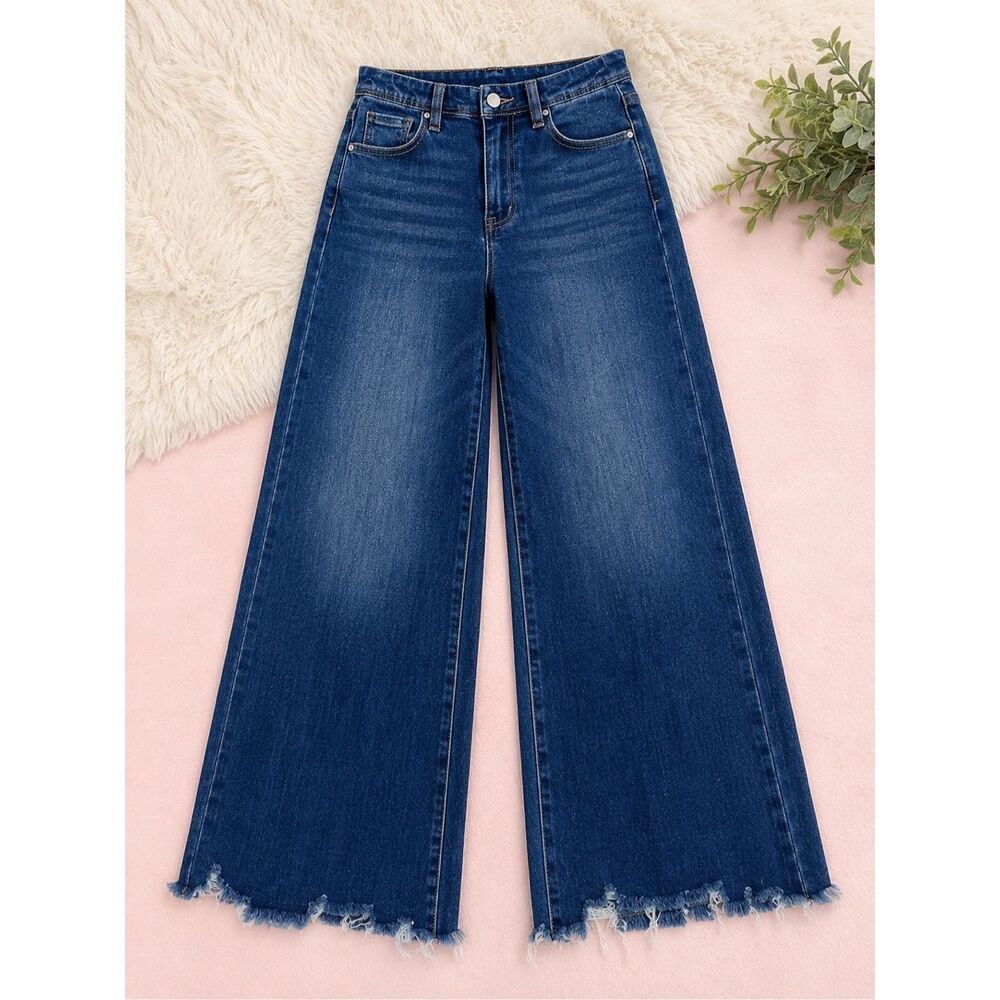 Risen High Rise Dark Wash Wide Leg Raw Hem Stretch Denim Jeans NWT - Picture 11 of 14